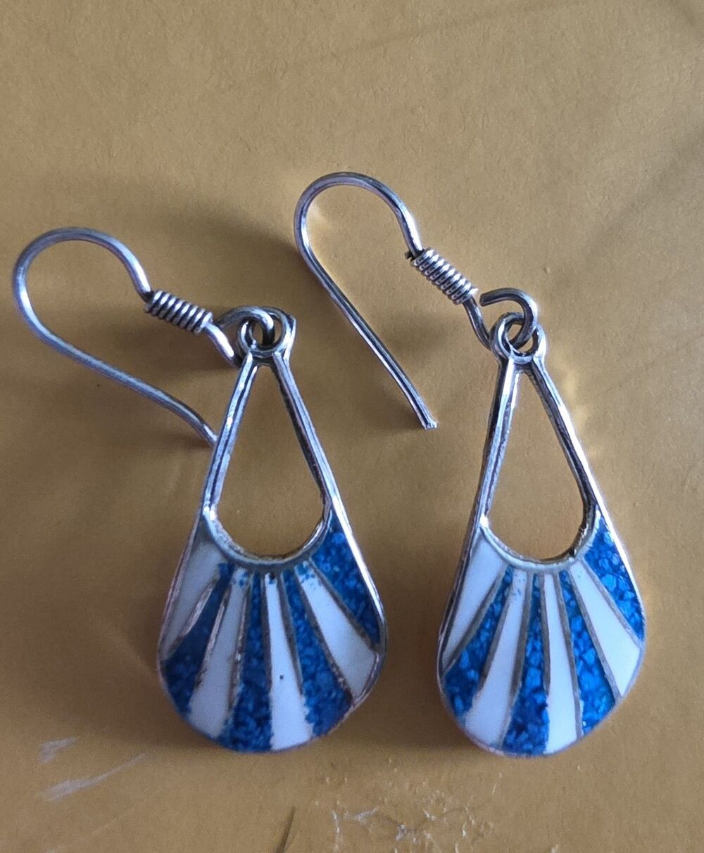 Sterling Silver 925 Mexico Blue Inlay Dangle Earrings Southwestern Teardrop
